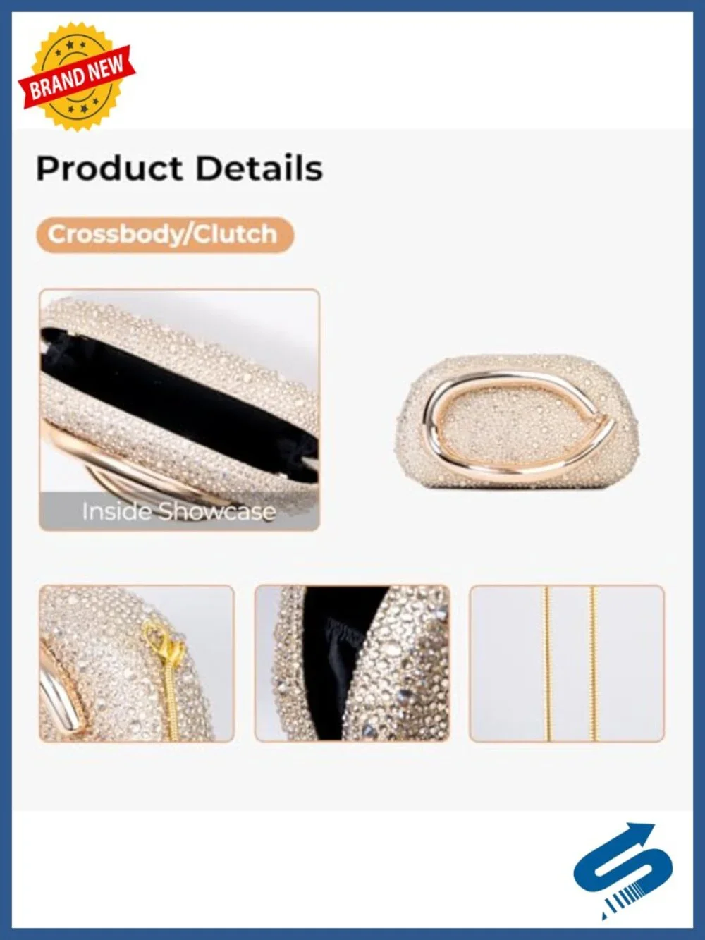 Rhinestone Clutch with Magnetic Snap, Detachable Chain Strap, Faux Leather